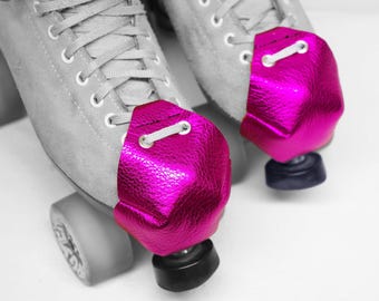 Shiny Metallic Hot Pink Leather Roller Skate Toe Caps