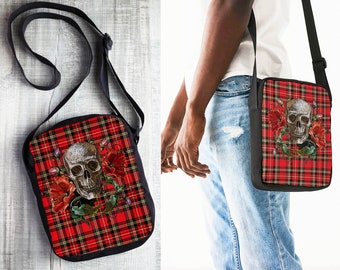 Red Plaid Messenger Pouch with Skull and Flowers