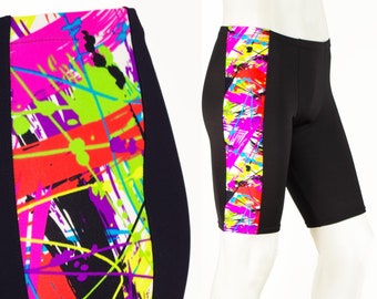 Jammers Swimsuit, or Long Spandex Shorts with Metallic Retro Paint Splatter Detail