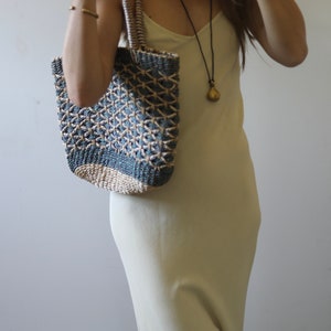 Sac fourre-tout tissé vert beige, sac à main en paille de rotin en osier, fourre-tout du marché, sac à main chic plage été boho S/M, sac fourre-tout décontracté du marché de producteurs, unisexe