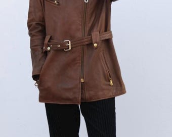 VTG 70s 80s Montee Brown Leather Belted Jacket Coat, Women's Medium, Street Style biker punk  zip up jacket coat
