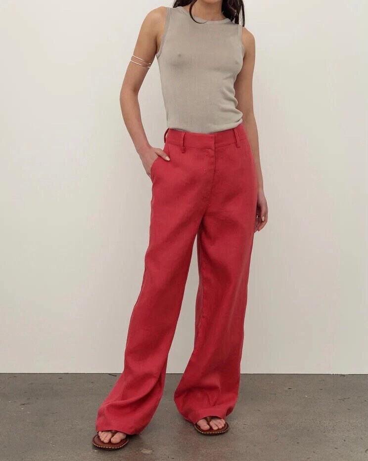 Neu mit Etikett korallrote Leinen Palazzohose, weite Sommerhose, High Waist Seemannshose, Damen einfach entspannte Hose, elegante Strandhose XS-S
