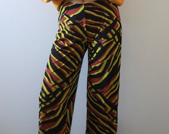 Vintage abstrakte gestreifte Palazzo Chino Hose S, bunte hohe Taille Sommer Boho Disco Hose, Überziehhose, bedruckte Stretch Mesh Hose, Chinos