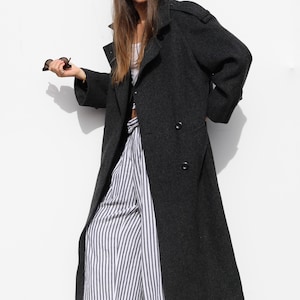 VTG Long wool trench, Dark Gray Wool Coat Db Breasted Cape Back Women Sz 12, classic wool coat, oversized 90s warm unisex winter coat s-l