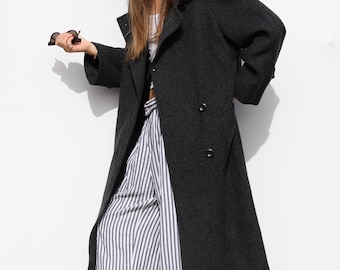 VTG Long wool trench, Dark Gray Wool Coat Db Breasted Cape Back Women Sz 12, classic wool coat, oversized 90s warm unisex winter coat s-l