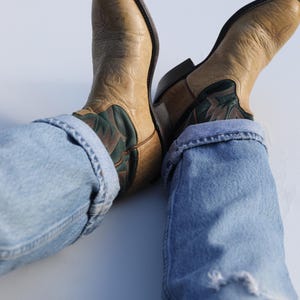 Vintage Tony Lama Cowboy Boots: Camel Green Leather, brown western booties Women's 7B image 11