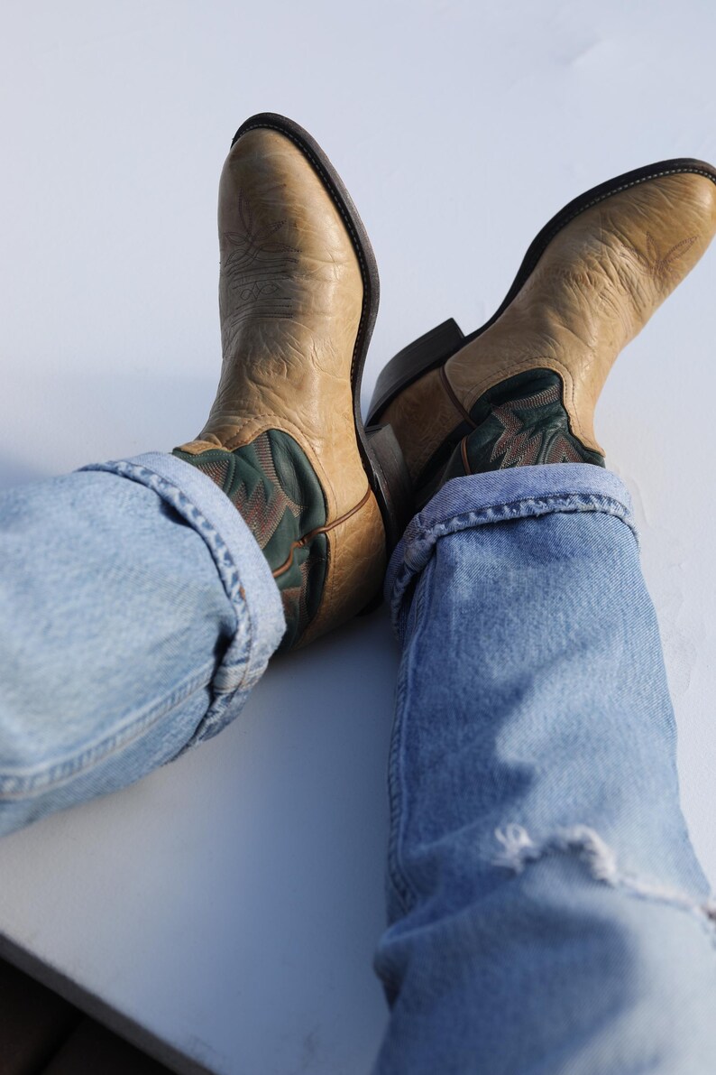 Vintage Tony Lama Cowboy Boots: Camel Green Leather, brown western booties Women's 7B image 11