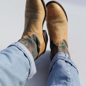 Vintage Tony Lama Cowboy Boots: Camel Green Leather, brown western booties Women's 7B image 2