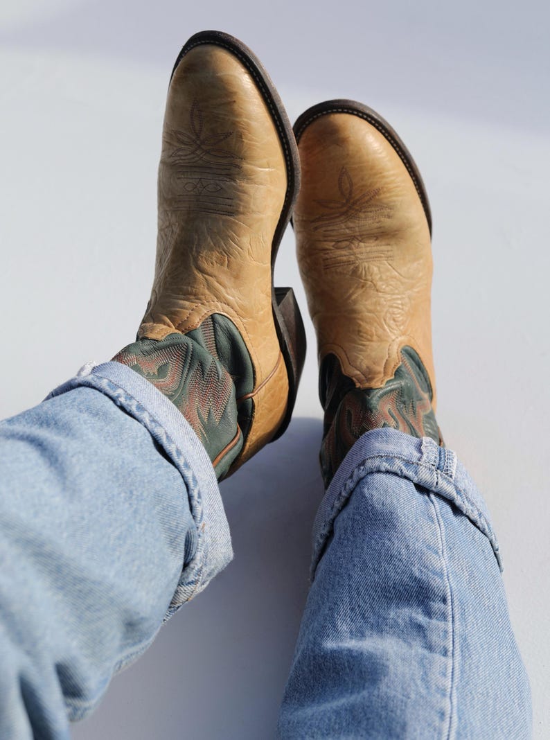 Vintage Tony Lama Cowboy Boots: Camel Green Leather, brown western booties Women's 7B image 2