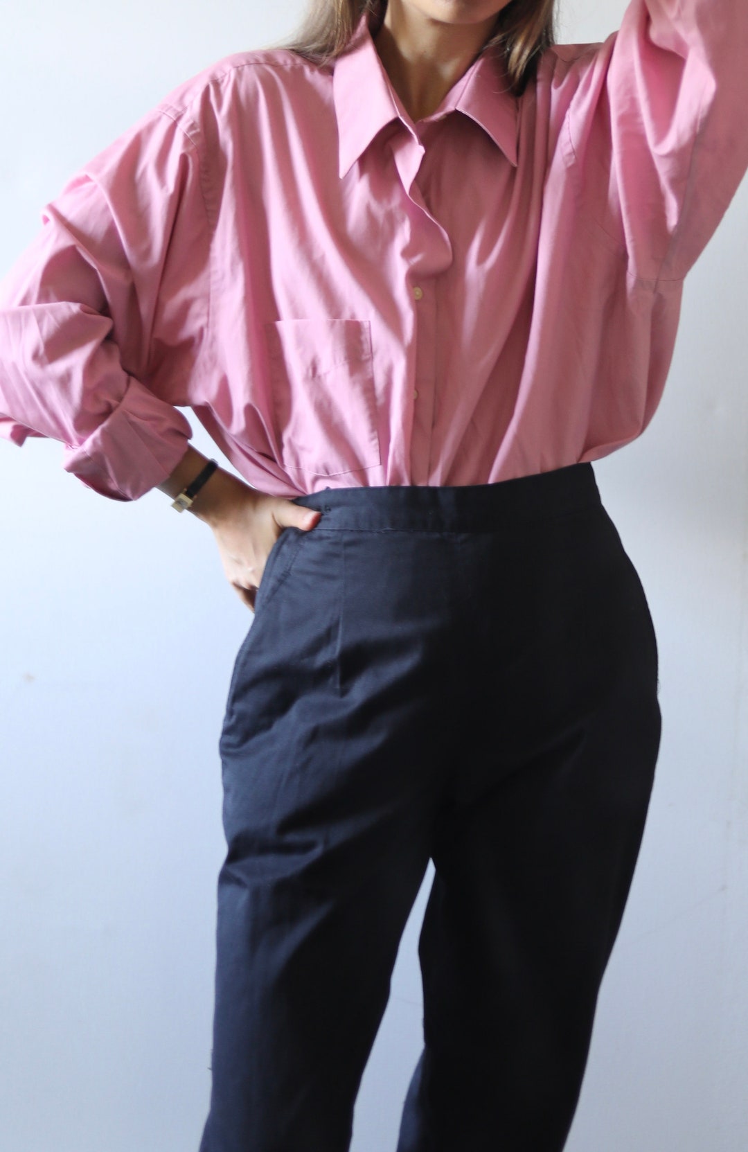 Vintage Designer 90s Hot Pink Button Down Long Sleeve Boyfriend Shirt — free download