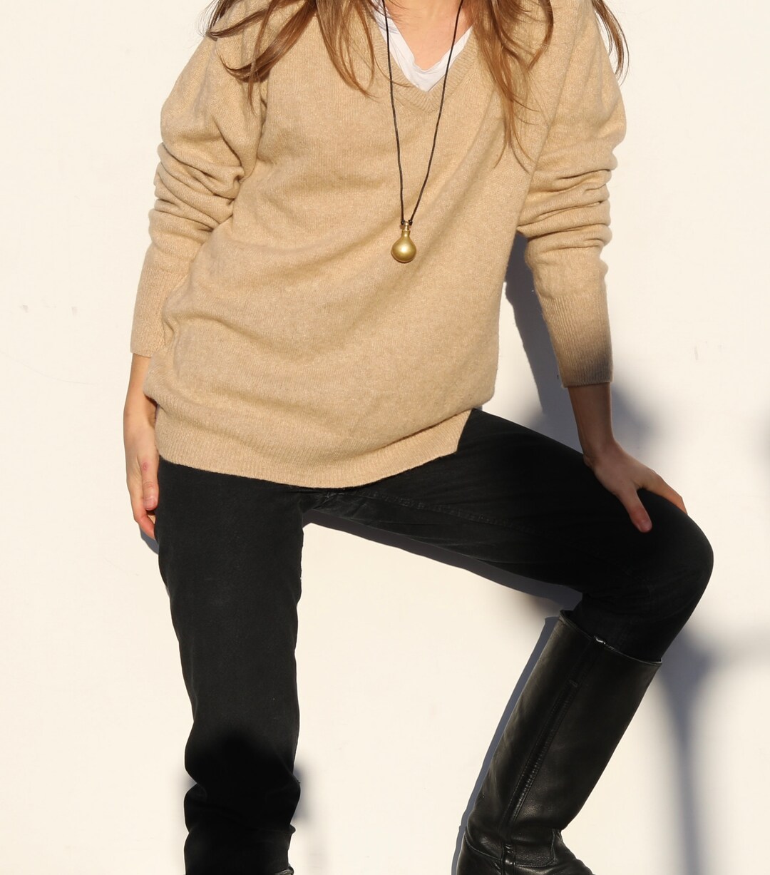 VTG Thane 100 2ply Scottish Cashmere Vneck Sweater, Tan Heather