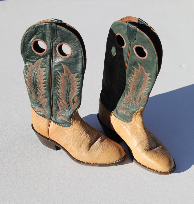 May include: A pair of tan leather cowboy boots with green and brown embroidery. The boots have a pointed toe and a high heel.