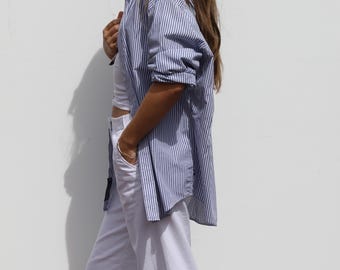 Camicia a righe vintage anni &#39;90 con bottoni: maglia oversize in cotone Oxford