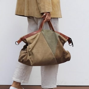 Bolso de mano Oris vintage de lona, para portátil, de viaje, escolar, verde, marrón, desgastado, de 17", con asa superior, bolso de mano marrón, bolso de mercado de tela caqui.