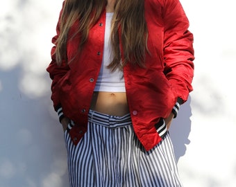 Unisex Red bomber jacket, unisex snap on baseball jacket, nylon bomber, light insulation unisex sports moto aviator bomber, sports jacket M