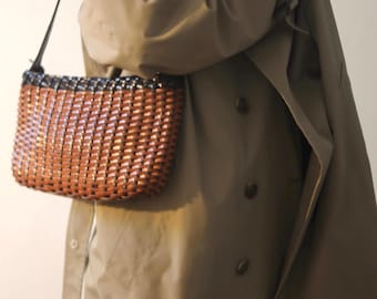 Vintage Ellepi rust brown black Woven Leather Shoulder Bag - Made in Italy