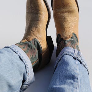 Vintage Tony Lama Cowboy Boots: Camel Green Leather, brown western booties Women's 7B image 6