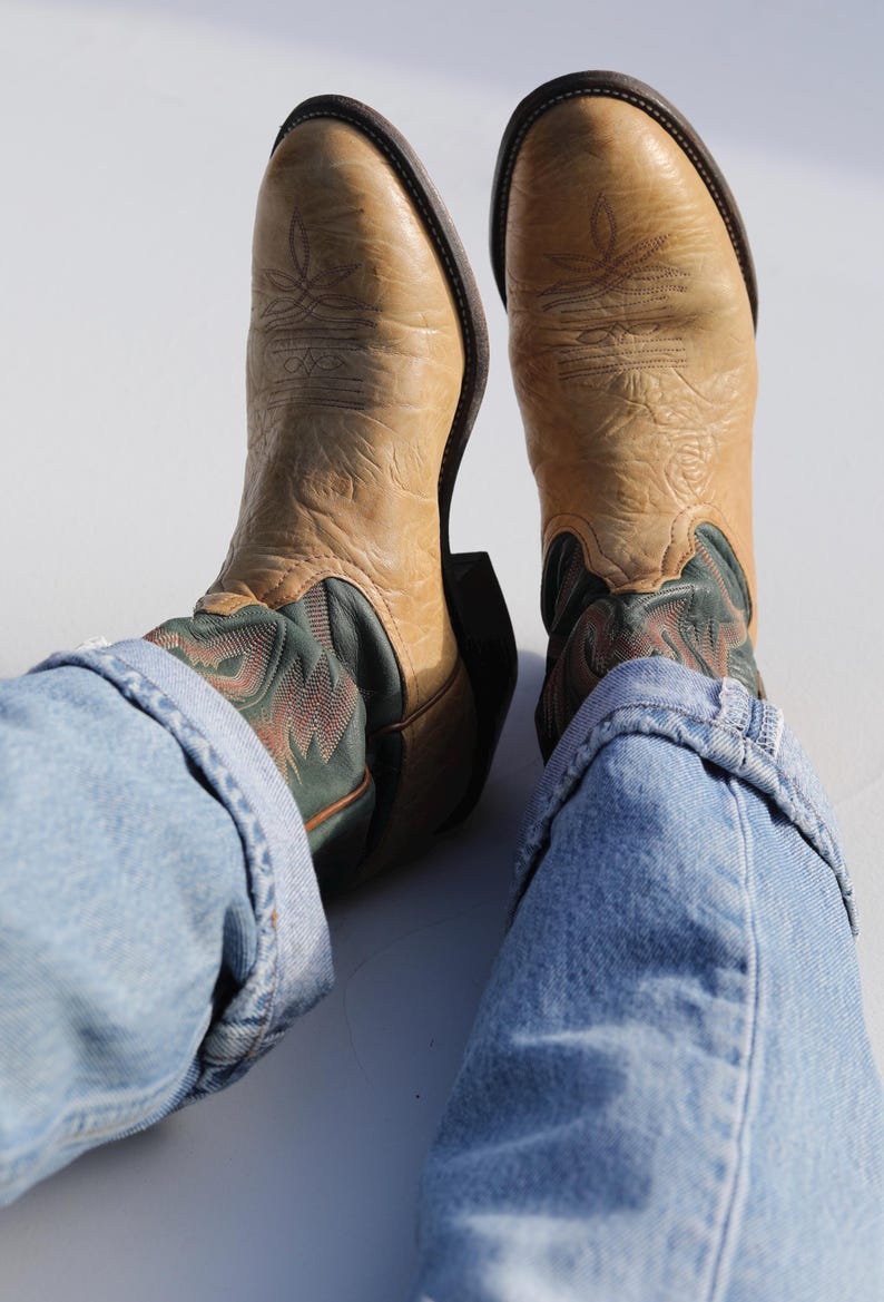 Vintage Tony Lama Cowboy Boots: Camel Green Leather, brown western booties Women's 7B image 6