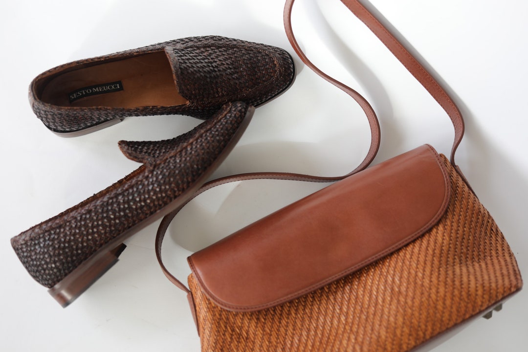 Fossil VTG Woven Wicker Shoulder Bag Small/med Bag Cognac Brown Leather