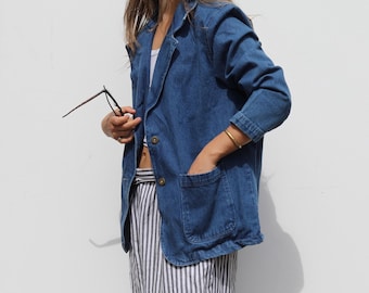 VTG Denim Jacket Women&#39;s small,  By The Blue 100% Cotton Pockets Barn blazer, denim chore coat, elegant steer style casual 90s denim jacket