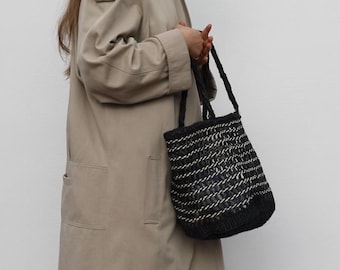 Bolso de mano de sisal tejido a mano, elegante y hecho a mano, de 10 pulgadas, blanco y negro, bolso de hombro de 7 pulgadas.