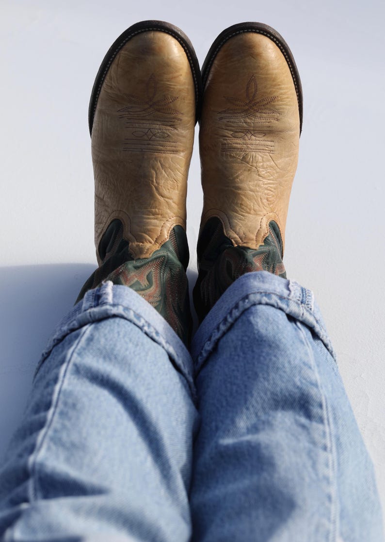 Vintage Tony Lama Cowboy Boots: Camel Green Leather, brown western booties Women's 7B image 8
