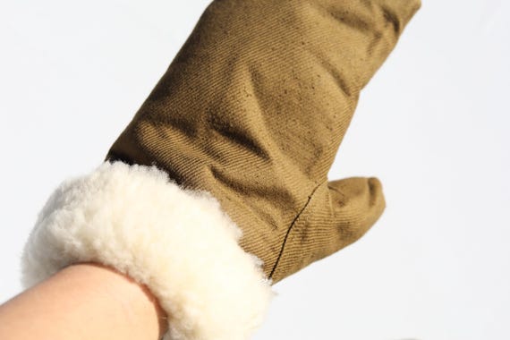 Vintage  UNISEX 70s Sheep Wool Mittens: Khaki Cot… - image 2