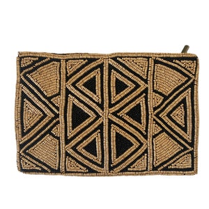 Cartera marrón y negra / Clutch mediano con estampado geométrico en beige y negro con cuentas / Bolso de noche / Clutch de playa ibicenco / Cartera con cuentas / Bolso pequeño tipo sobre