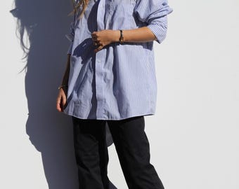 Camicia a righe blu/bianca a maniche lunghe con bottoni, camicia classica con bottoni, ampia camicia da salotto con una tasca, camicia casual boyfriend oversize S-L