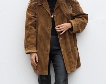 Kurtka sztruksowa Vintage Susan Bristol, brązowa koszula oversize XL