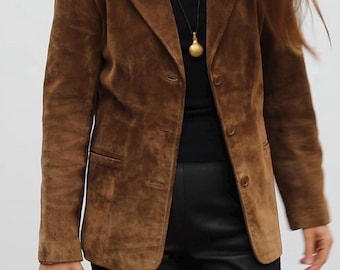 Vintage 90s Brown Suede Leather Blazer, Woman's Size S