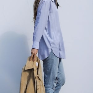 Sample sale, new imperfect blue rayon boyfriends shirt, one of a kind long sleeve rounded hem button down, one size fits most shirt s-l