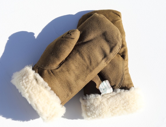 Vintage  UNISEX 70s Sheep Wool Mittens: Khaki Cot… - image 1