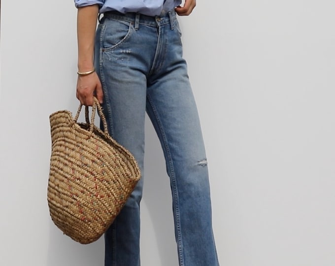 Blue High Straight Jeans: Distressed Medium Wash Denim, Size 25