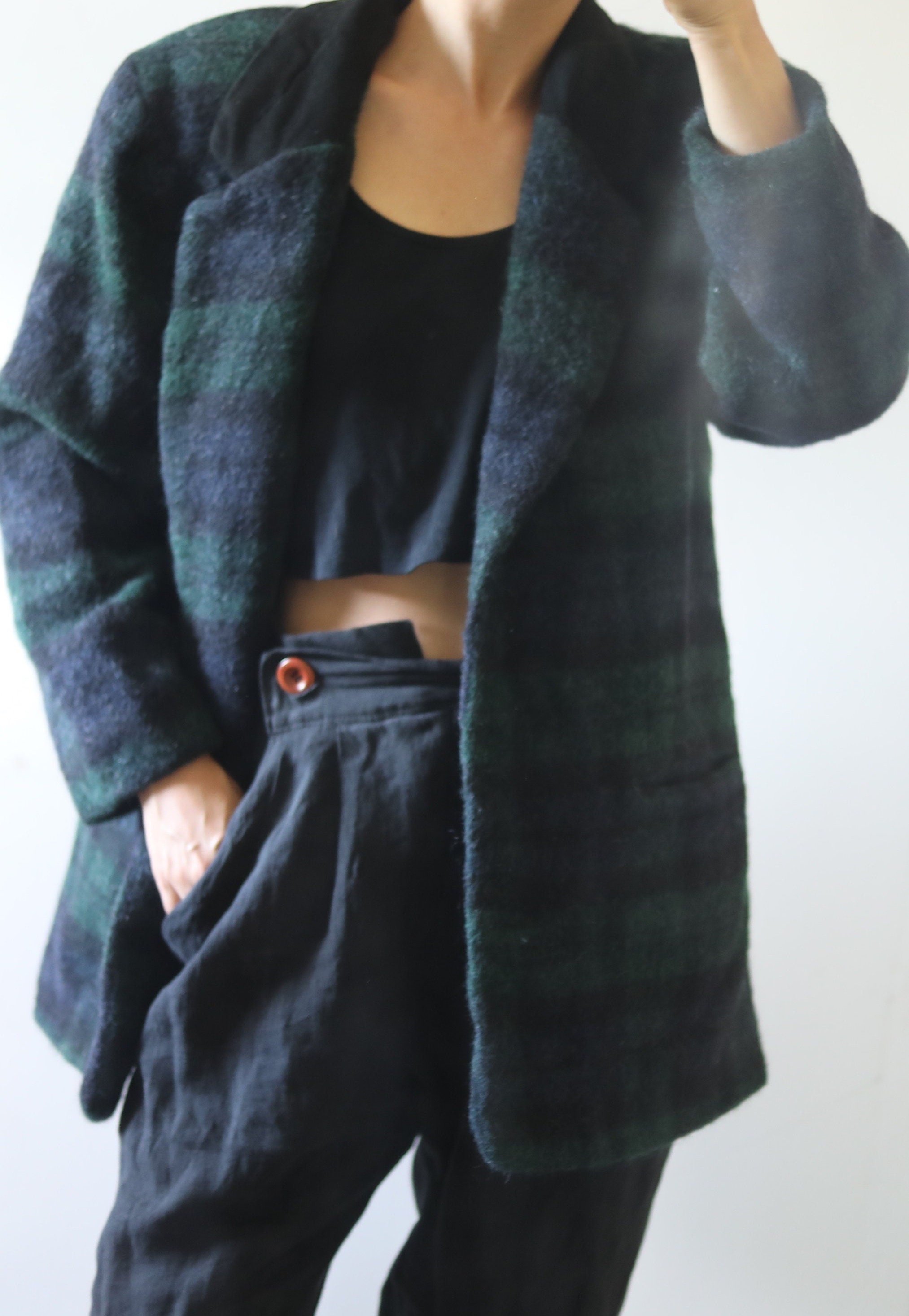 WOOLRICH Vtg Wool Blazer, Checkered Short Coat, Green Blue
