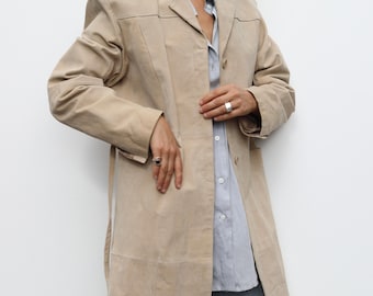 Vintage Beige Suede Knee-Length Coat: 90s Minimalist long workwear elegant leather Jacket (S-L)