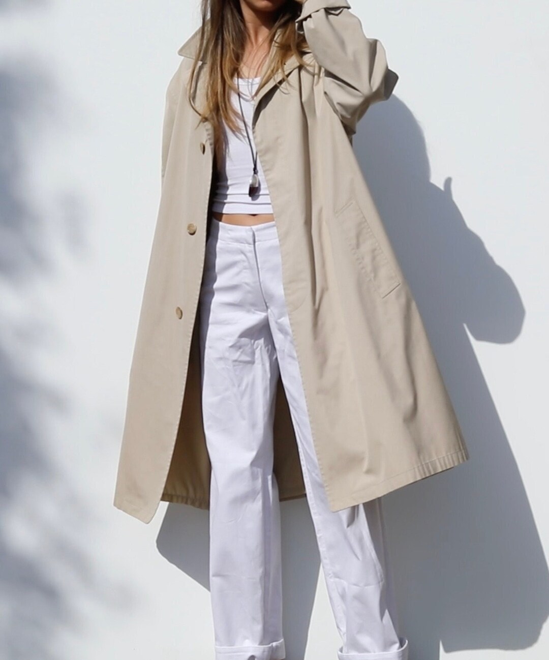VTG Beige Trench Coat, Knee Trench Overcoat, Oversized