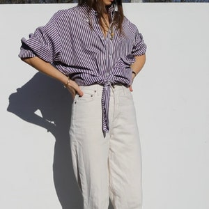 VTG 90s button down, pin striped purple white button down shirt, oversized long sleeve shirt, Oxford shirt made in USA, loose casual shirt L