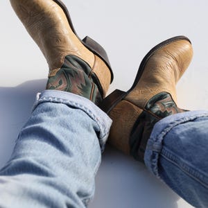 Vintage Tony Lama Cowboy Boots: Camel Green Leather, brown western booties  Women's 7B