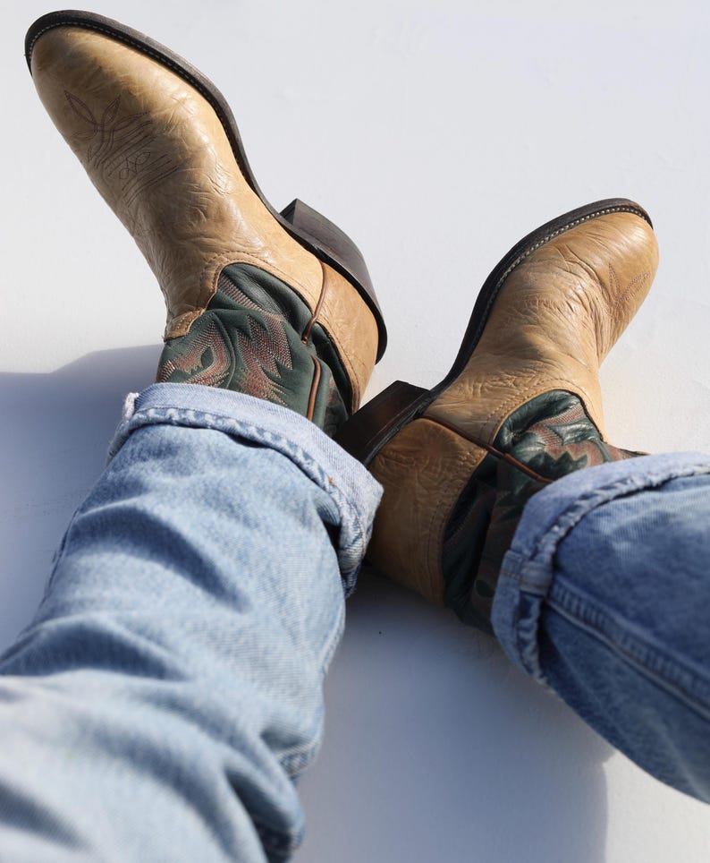 Vintage Tony Lama Cowboy Boots: Camel Green Leather, brown western booties Women's 7B image 1