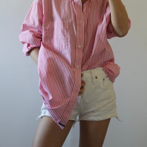 90s style pin striped pink white button down boyfriend shirt, casual loose lounge beach shirt with one pocket S-XL