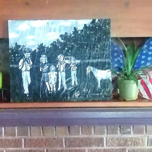 Painting of kids from the fifties playing  with slingshots.