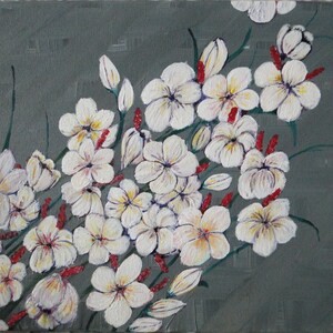 Acrylic painting of white flowers on grey