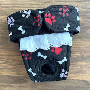Washable female dog diaper for incontinence training| puppy diaper no elastic free custom sizing| Paws and Bones on Black by angelpuppi