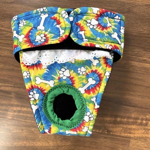 Female Dog Diaper,Panties, dog Britches, Nappies.  Washable Heat Cycle, Incontinence - Tie Dye Bones and Paws- by angelpuppi
