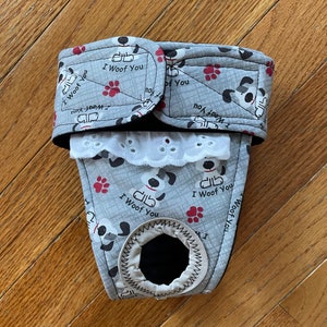 Female Dog Diaper,Panties, dog Britches, Nappies.  Washable Heat Cycle, Incontinence - I Woof You gray  - by angelpuppi