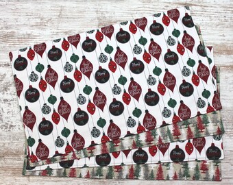 Reversible Christmas Placemats, Holiday Ornaments & Trees, Cotton Table Linens