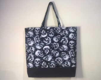 Handmade Cotton Skull Tote Bag, Large Lined Market Bag