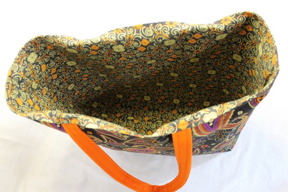 Handmade Reversible Fall Paisley Tote Bag, Large Lined 
