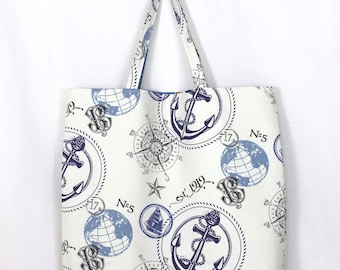 Nautical Reversible Tote Bag, Handmade Fabric Market Bag